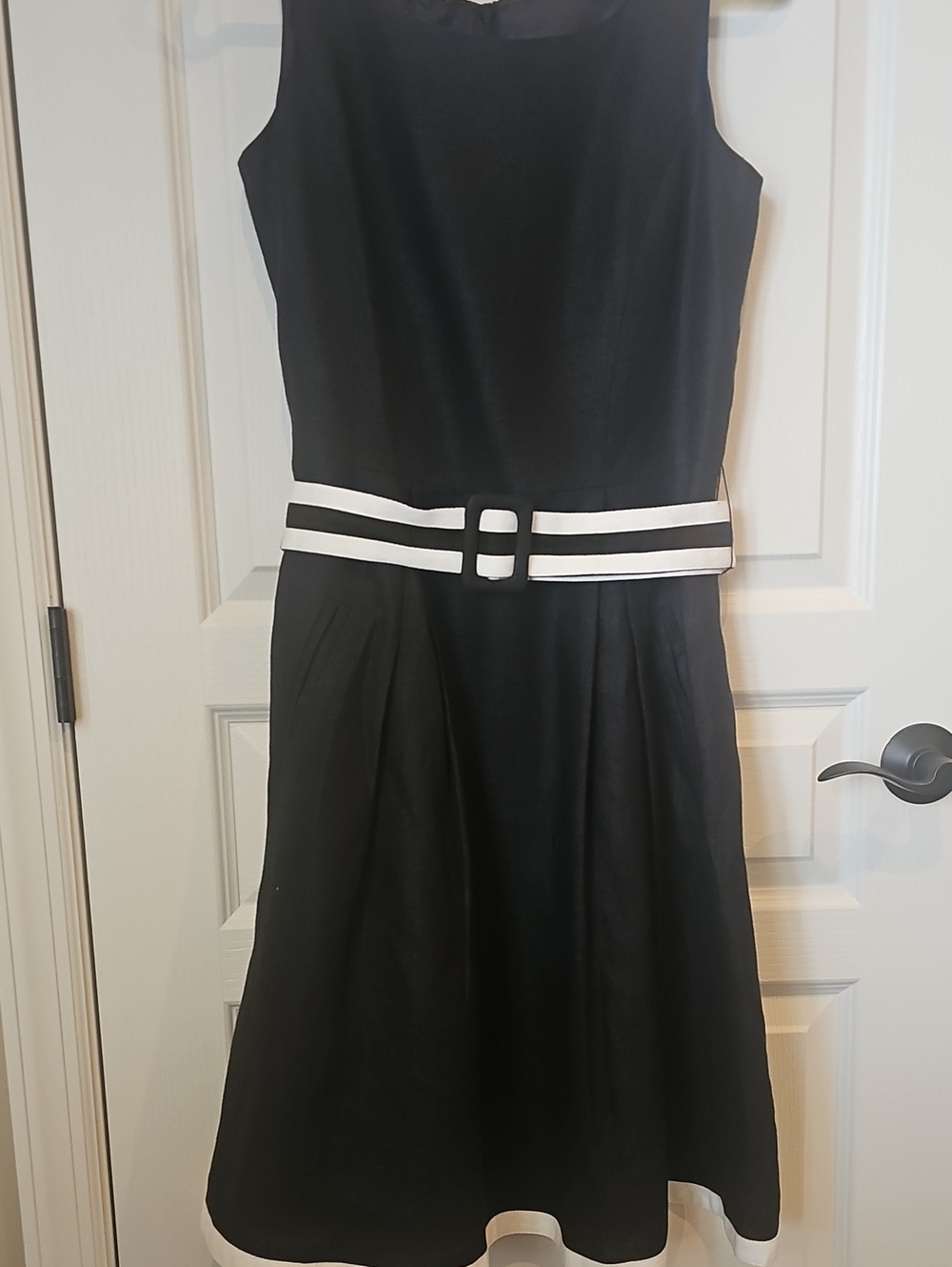 Talbots Black Sleeveless Fit-and-Flare Dress with White Belt Detail